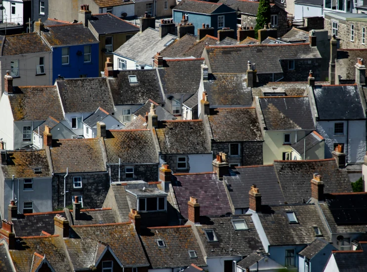 a town of many roofs is seen from a bird - eye view