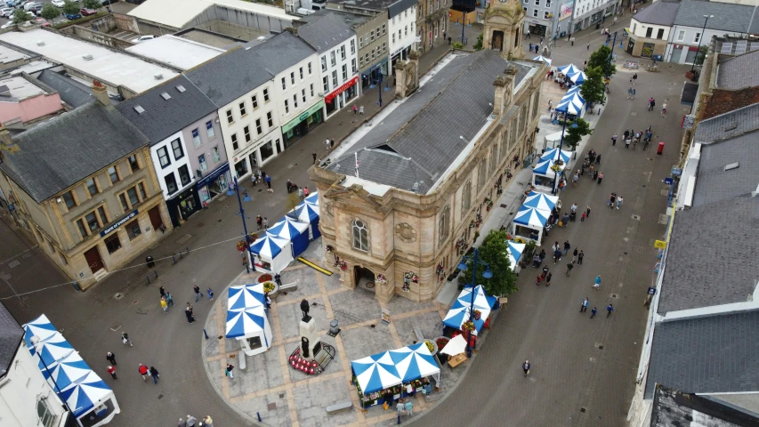 an aerial view of the square in a city