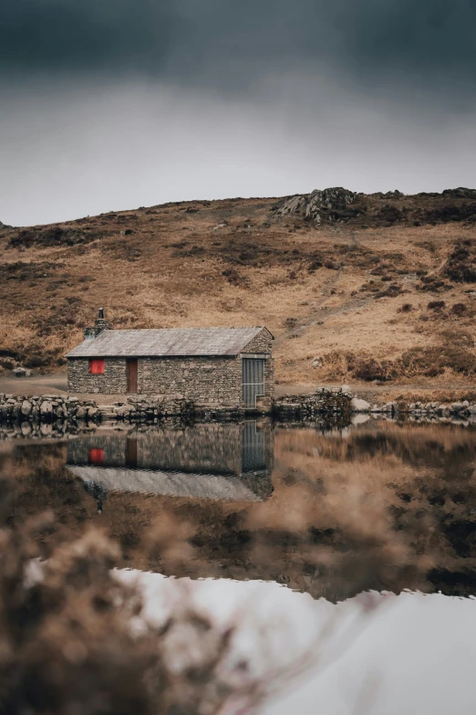 a house is sitting on a body of water