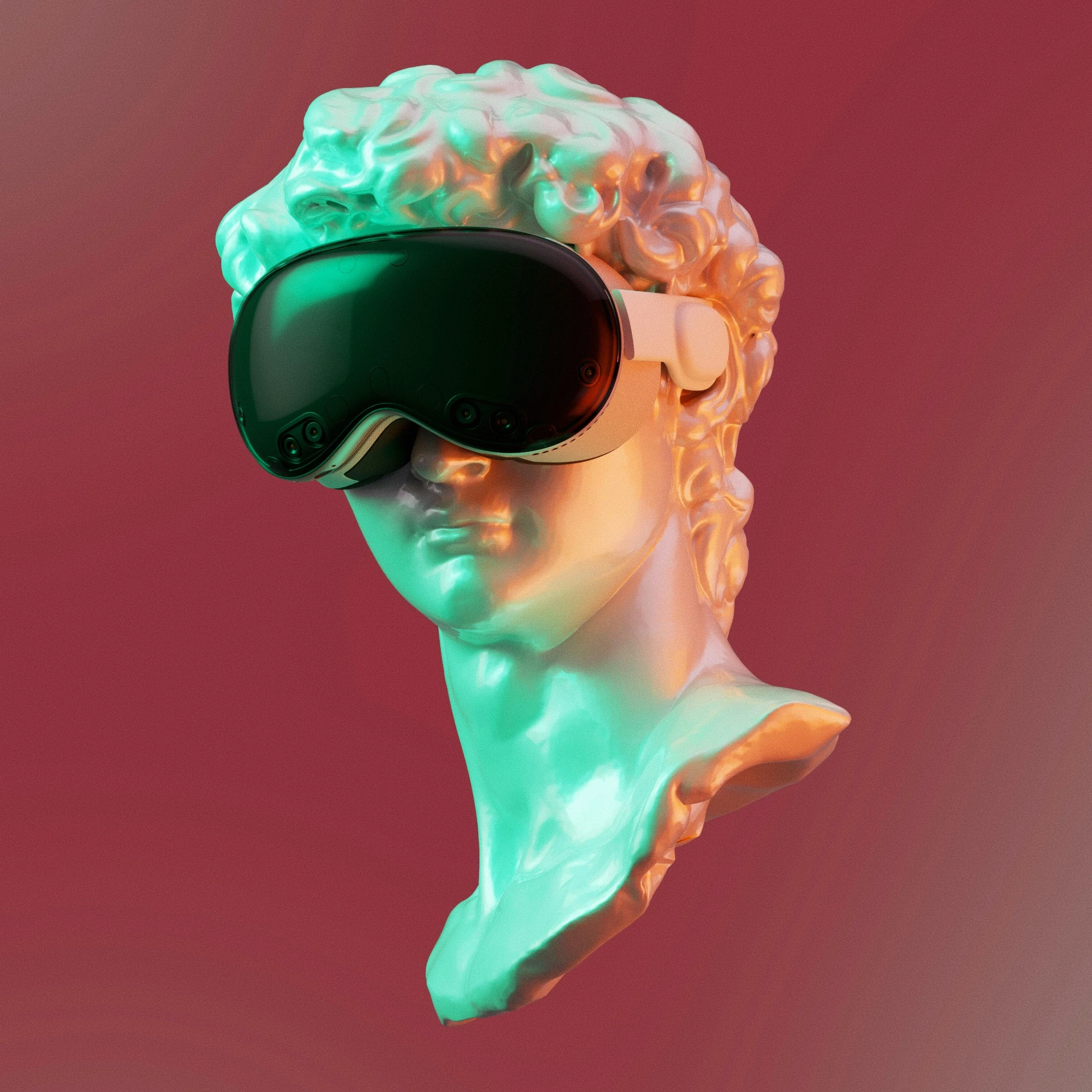 a white and green head with 3d glasses on it