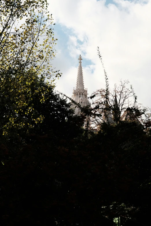 a building with a steeple through some trees