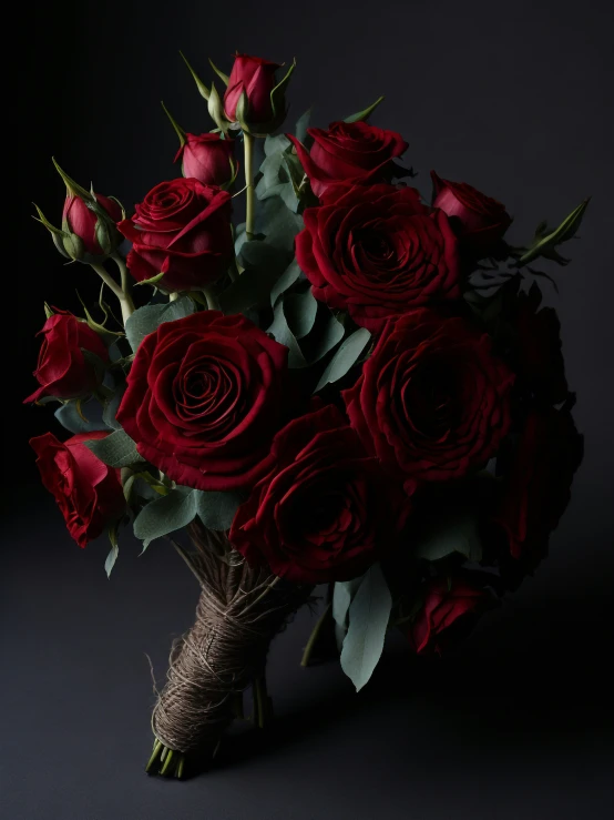 a bouquet of red roses on a black background