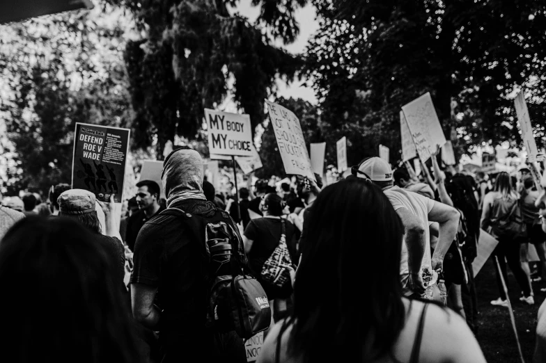 people are standing in the grass holding signs