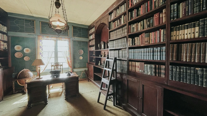 the wooden bookshelves are full of books and some lights