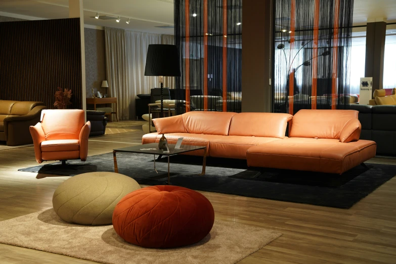 a modern living room has an orange and black couch