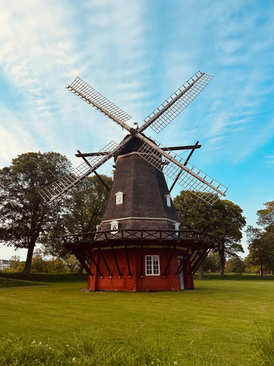 a windmill on a green field with trees