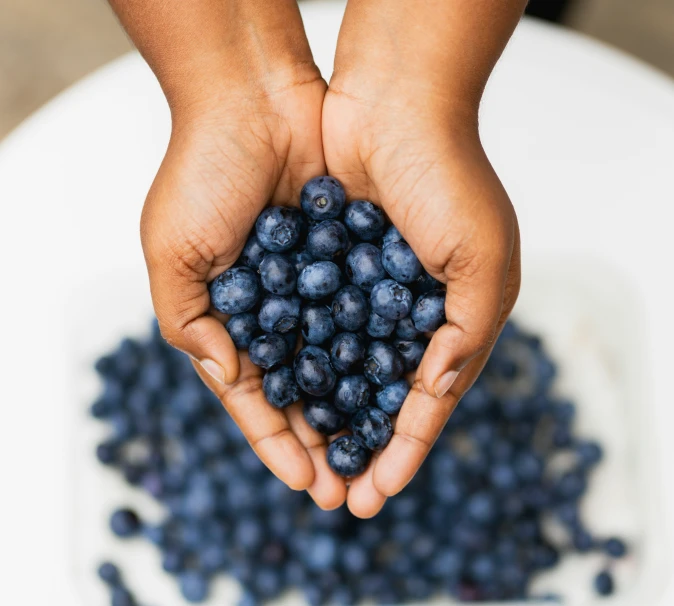 blueberries being held by someone's hands over a white bowl