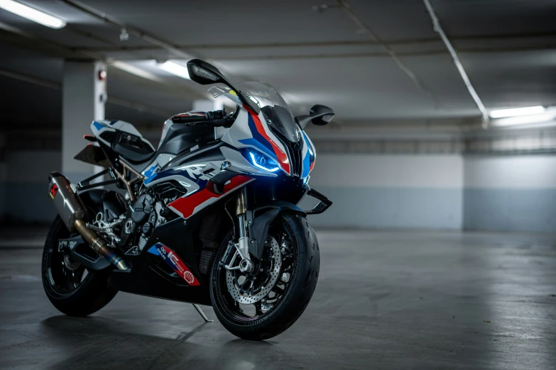 motorcycle in an empty garage for display