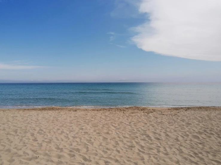 a beach with waves and blue sky in the background