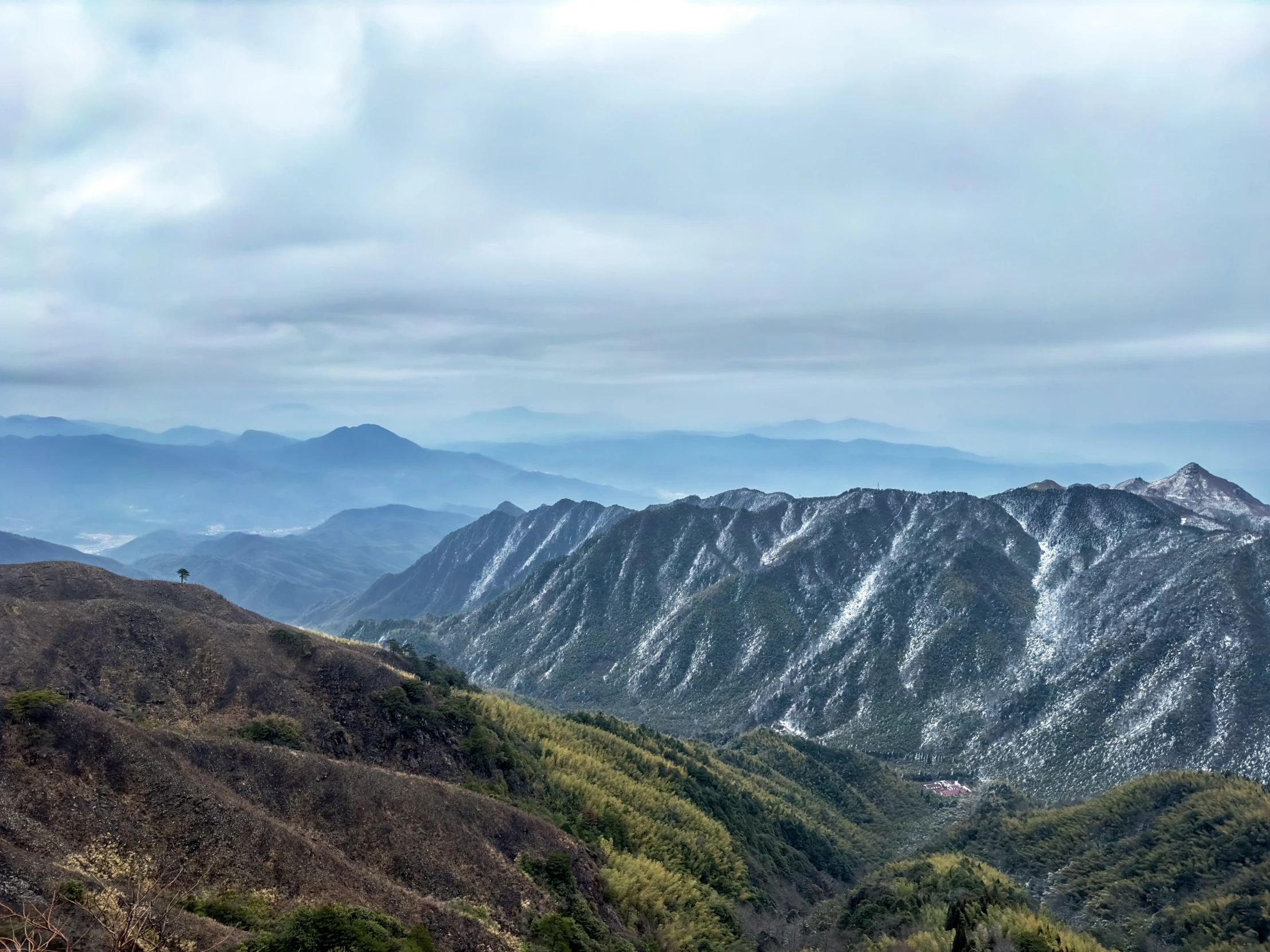 mountains covered with white snow, some green and some brown