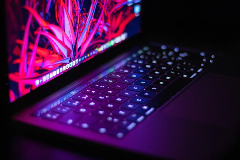 a close up of a laptop with the keyboard illuminated