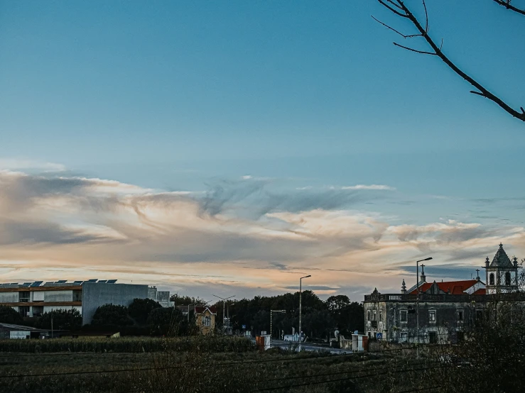 some buildings and trees are silhouetted against the sky