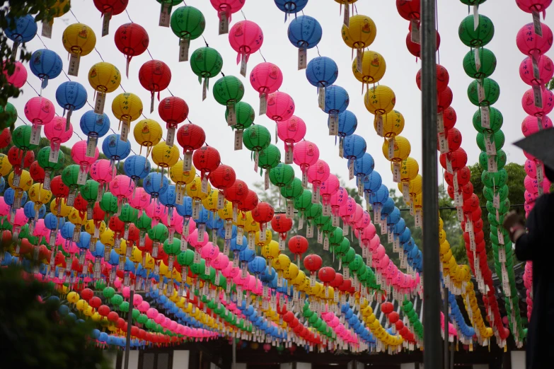 many colorful balloons floating in the sky above