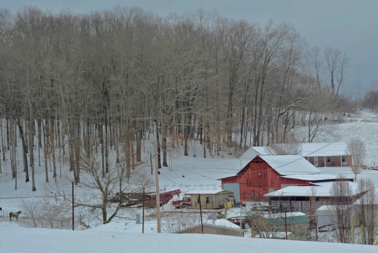 this farm house is on a snowy hill by a forest