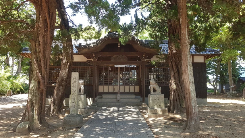 an asian style shrine sits in the trees