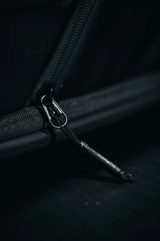 black strap is fastened on the front of a black zipper