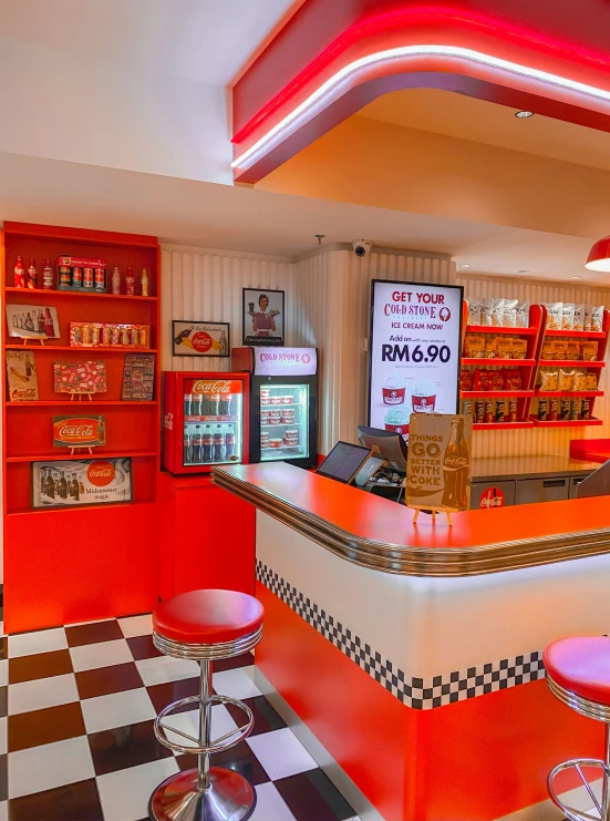 an interior s of a restaurant with red and black checkered floors