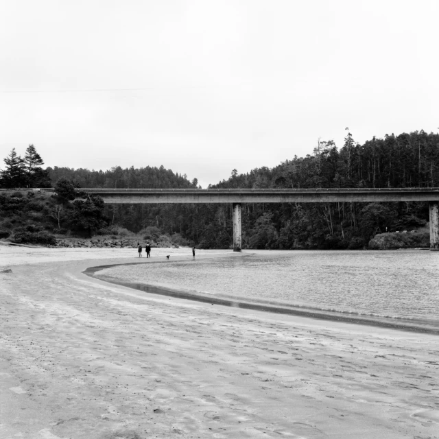 three people are on the side of a river with a bridge