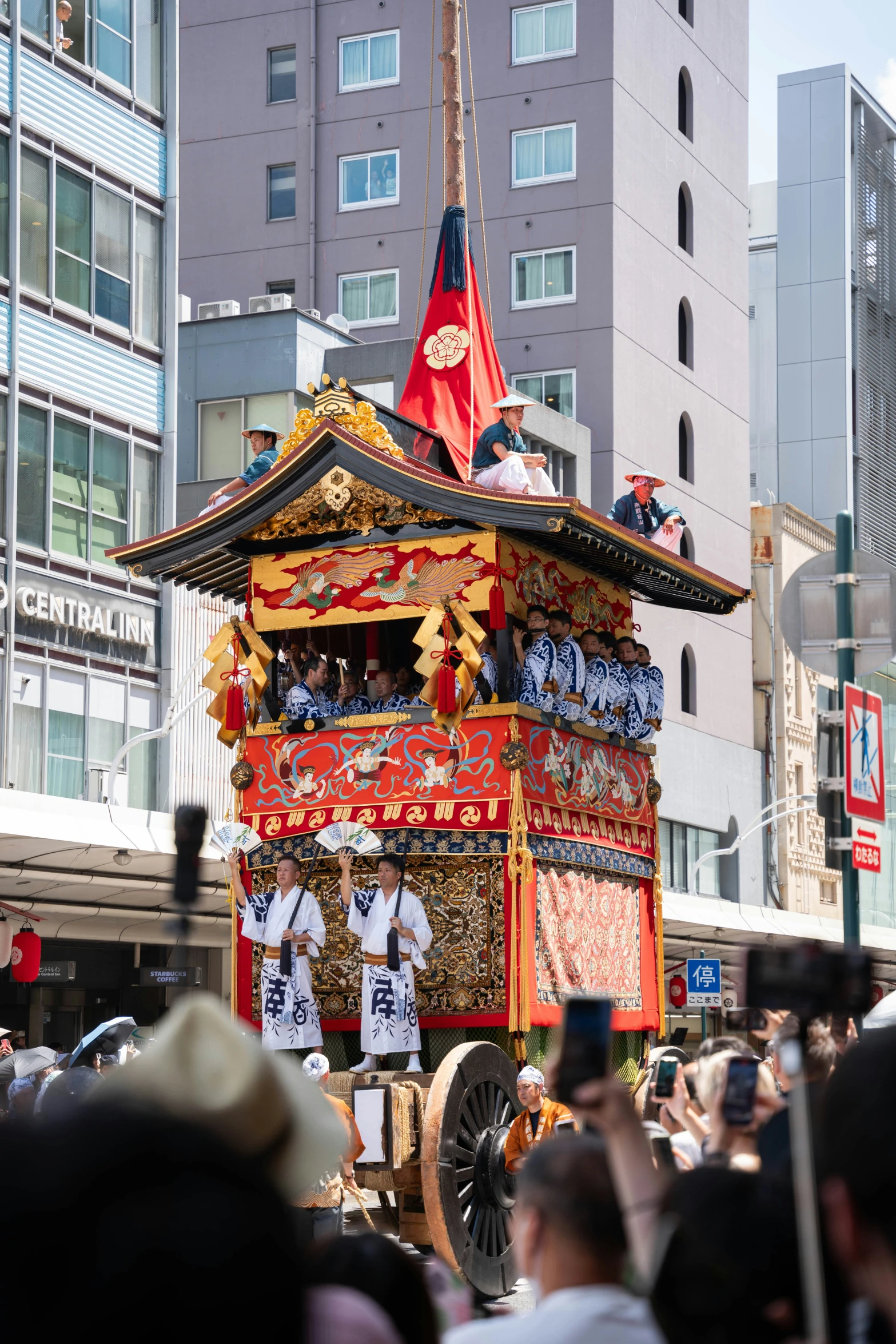 a float driving down the street in a parade