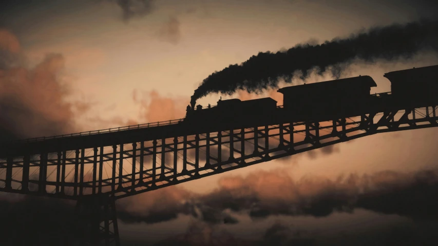 three smoke stacks coming from the top of a train traveling down a bridge