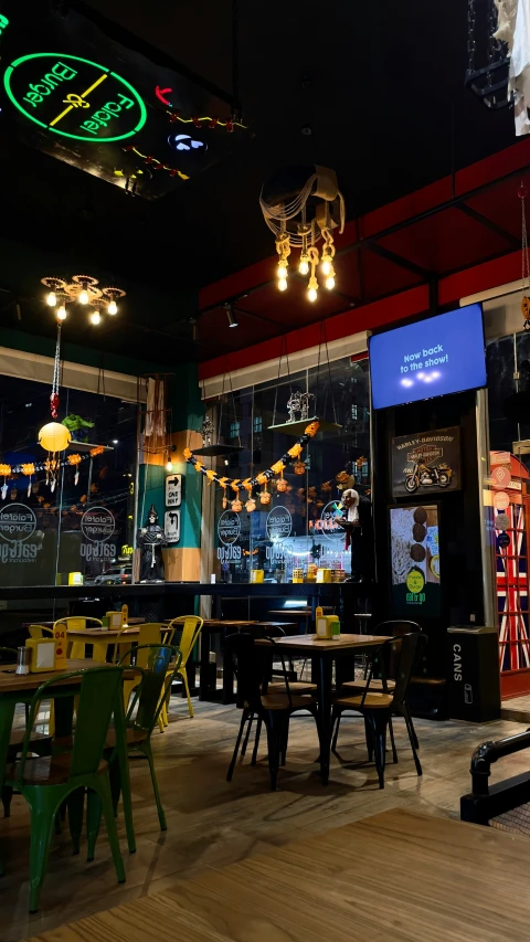 a restaurant with several colorful tables and chairs