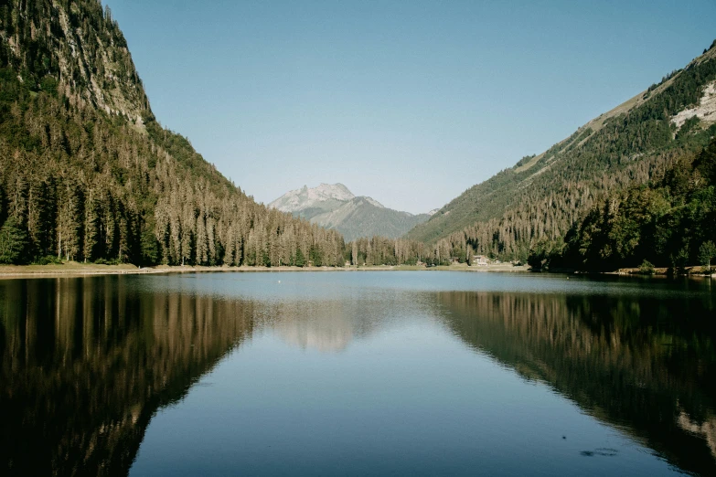 a lake surrounded by mountains and trees