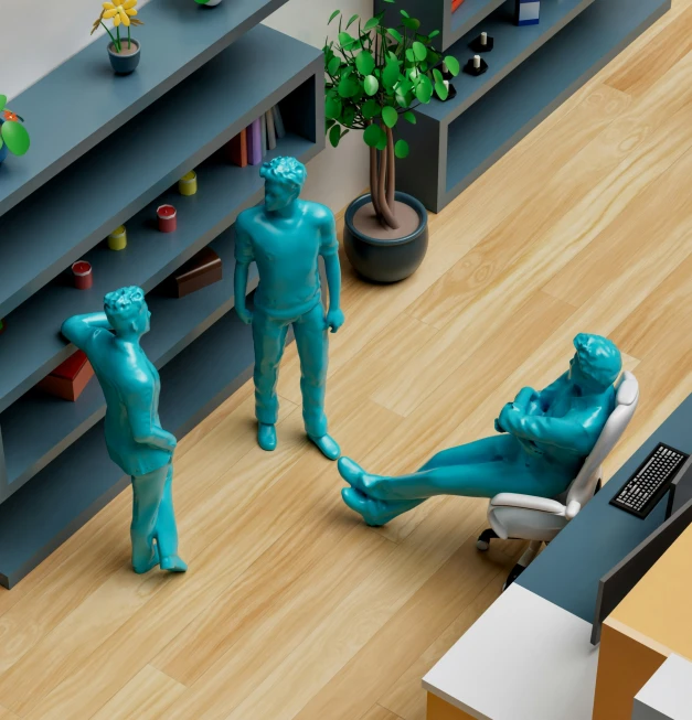 a figurine of two people sitting on a chair while another man sits on a desk and talks on the phone