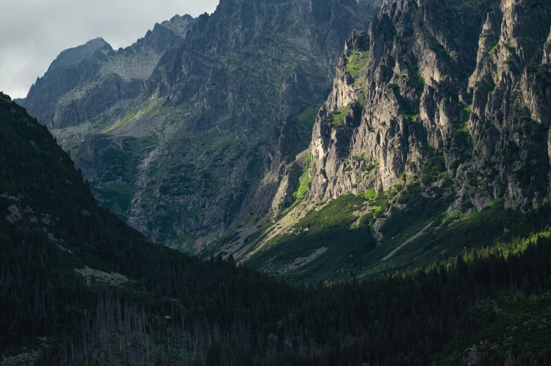 mountains are surrounded by lush trees and blue sky