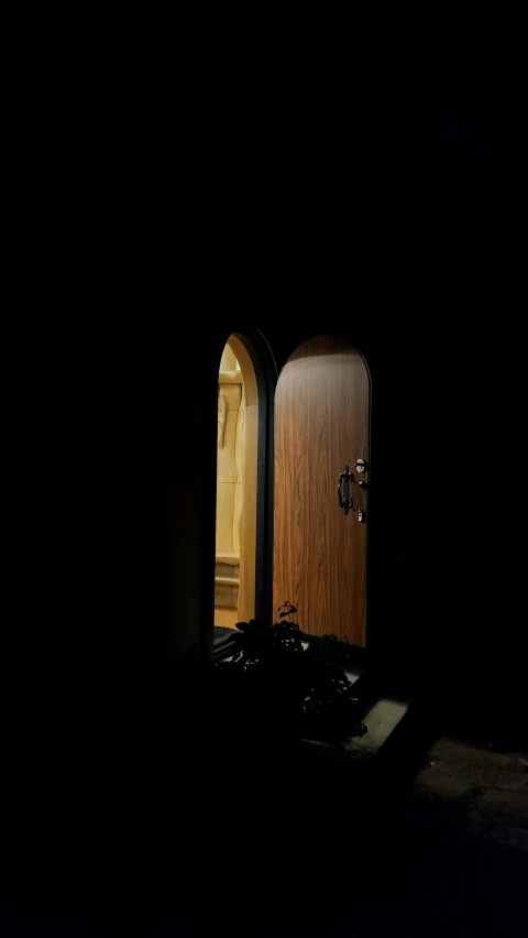 dark room with a door opened at night