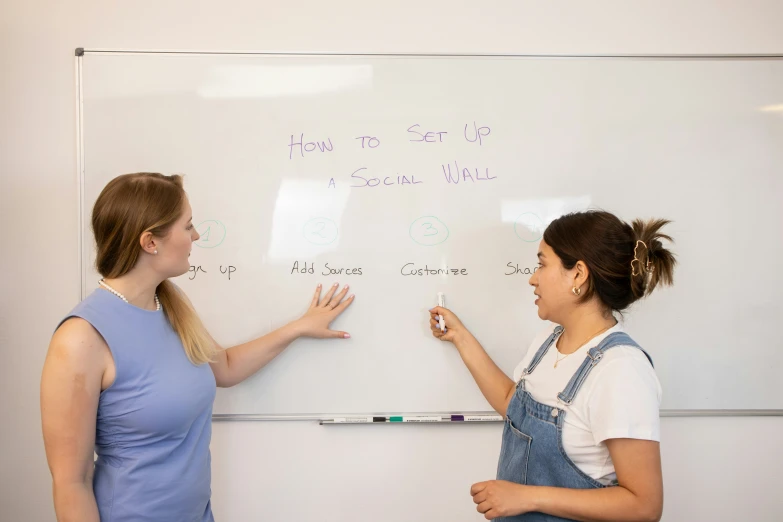 two young women are looking at the whiteboard with writing on it