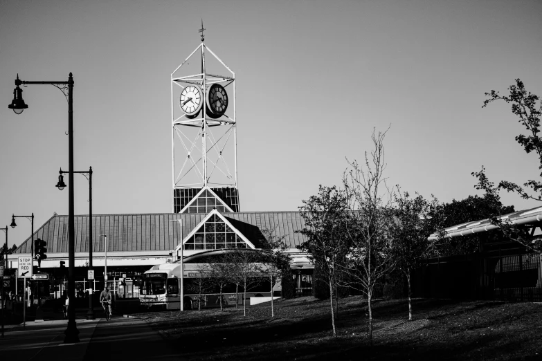 there is a large clock tower in the center of a town