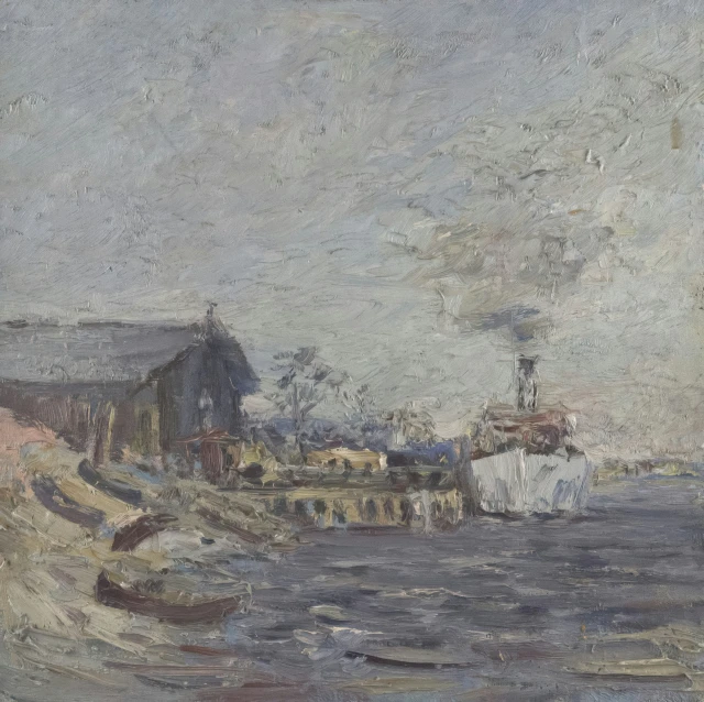 an impressionistic scene of boats on the water