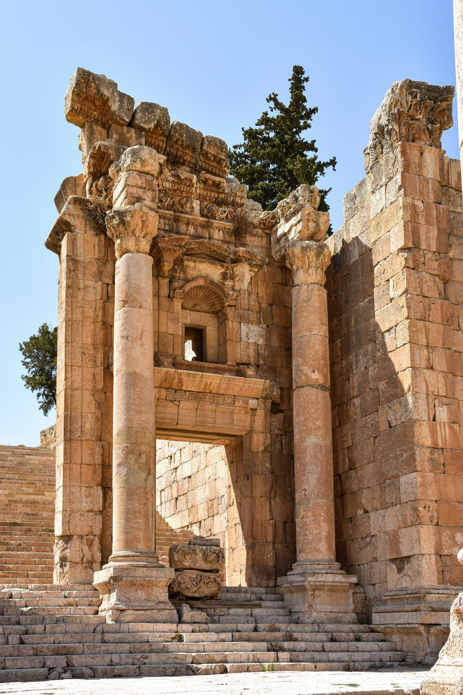 a large stone structure next to a pine tree