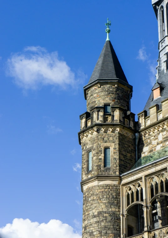 a view of an old tower with a clock on it