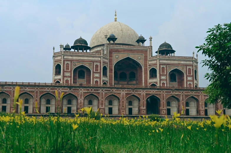 a building with arches and dome with plants around it