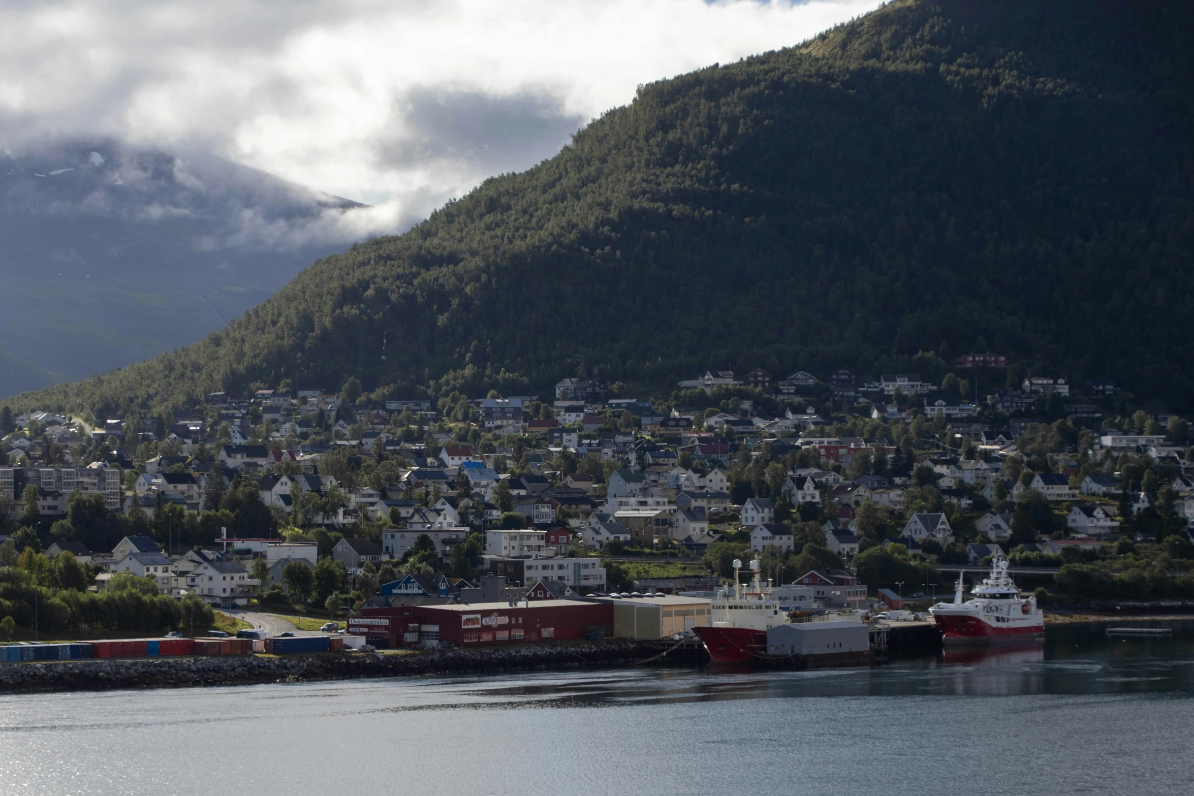 the harbor has several houses near it on the mountain