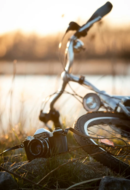 a bicycle that is standing on the grass