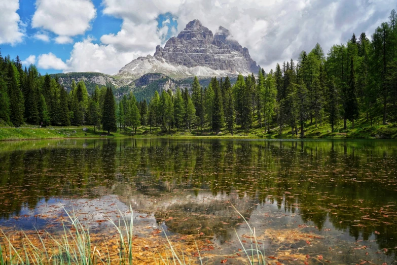 a mountain and its reflection in water surrounded by trees