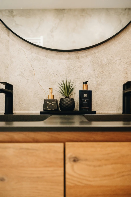 a counter top with various personal care products next to it