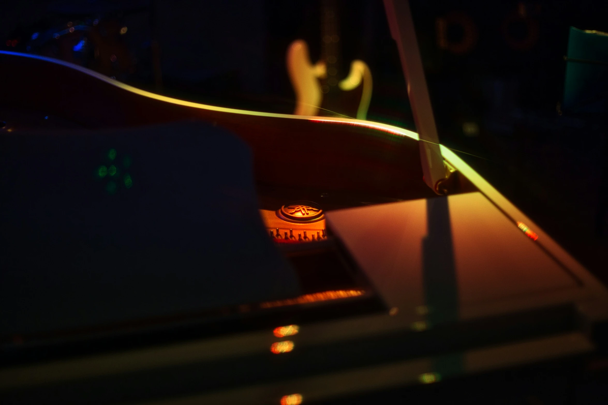 a table and keyboard in a dark room