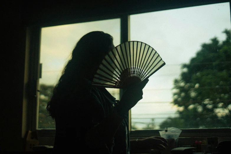 the woman is standing in the dark with her hand made fan