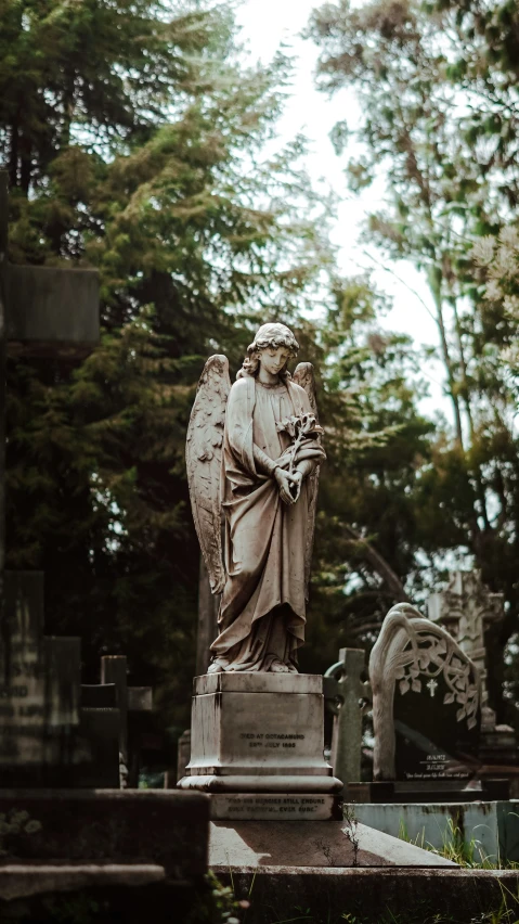 the statue of an angel is beside the gravestones