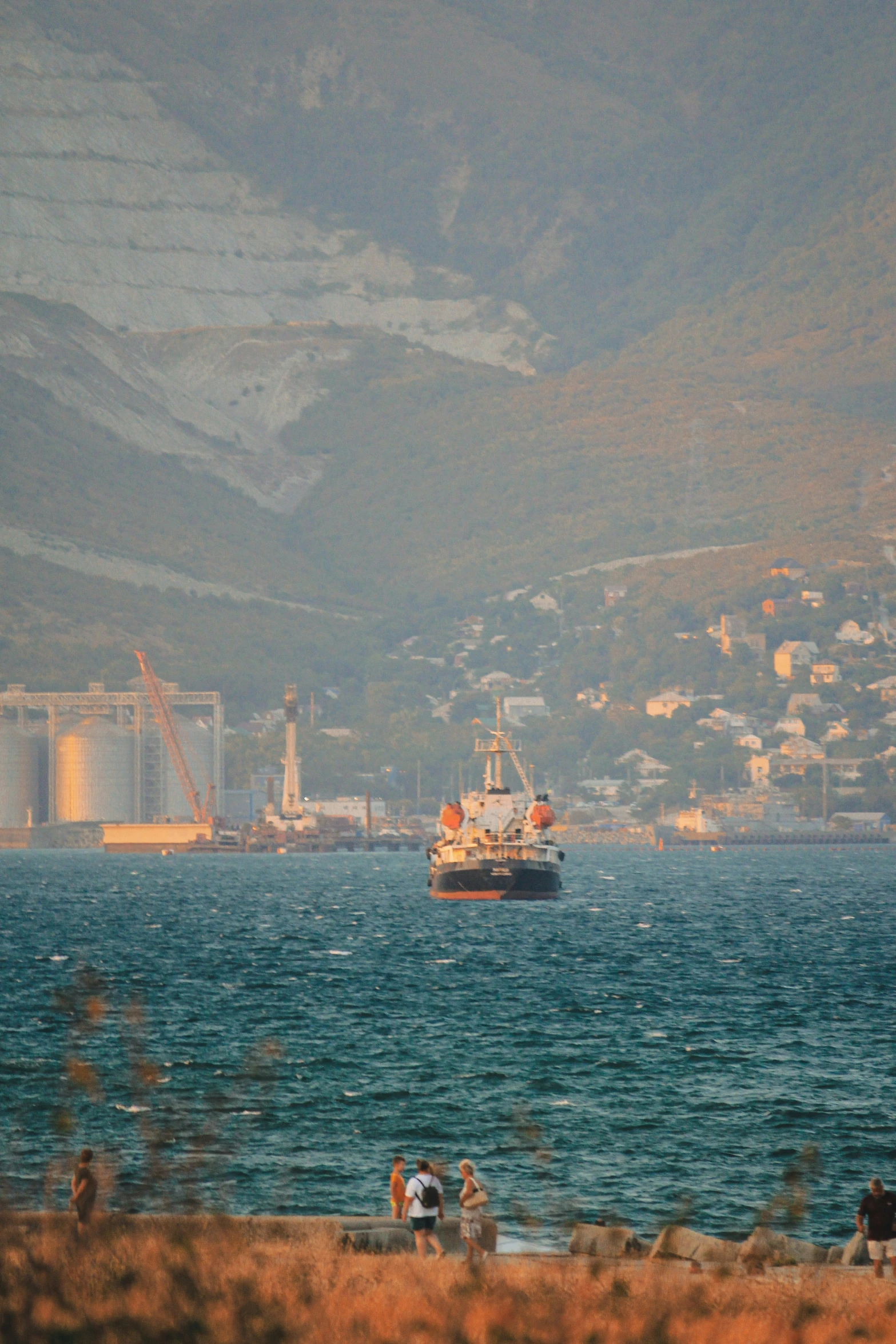 people stand at the shoreline as a large ferry crosses through the water