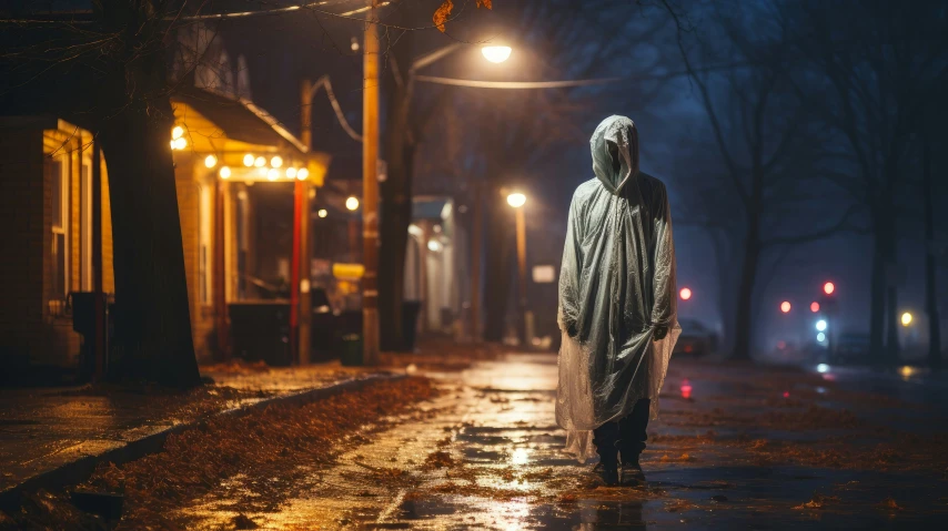 the man is walking down the street in the rain