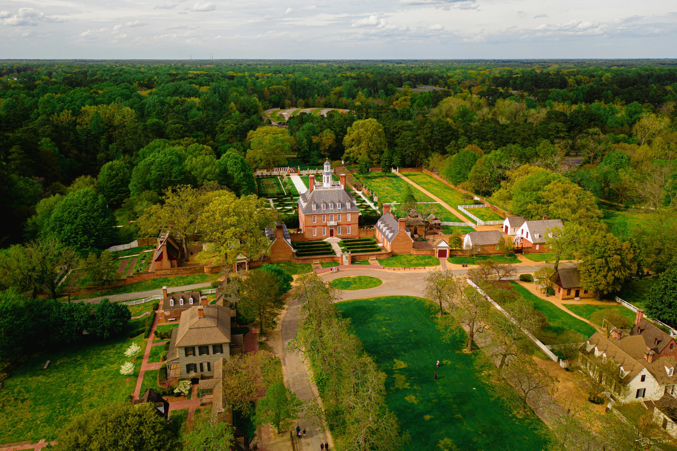 an aerial view of an old farm and a large estate