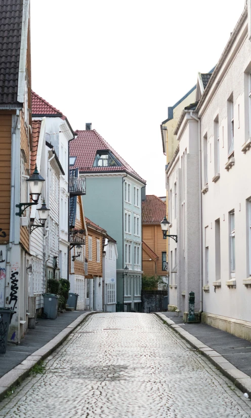 several buildings are along the street side of a town