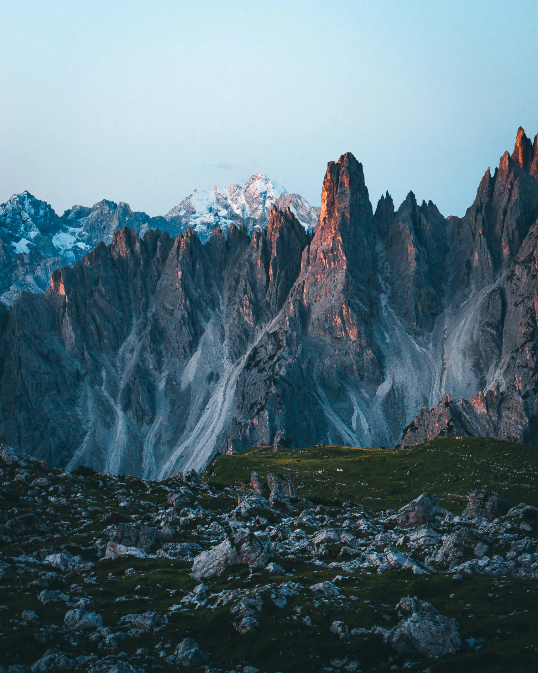 a mountain range with many mountains, grass and flowers