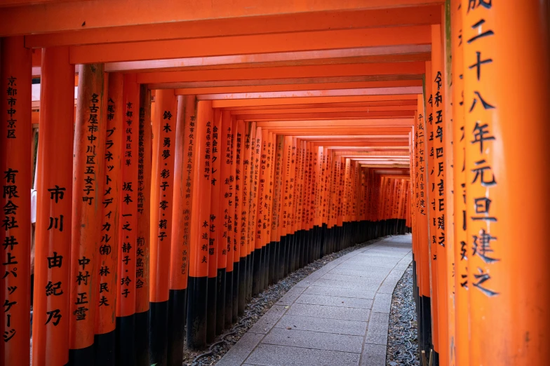 rows of orange lanterns with asian characters on them