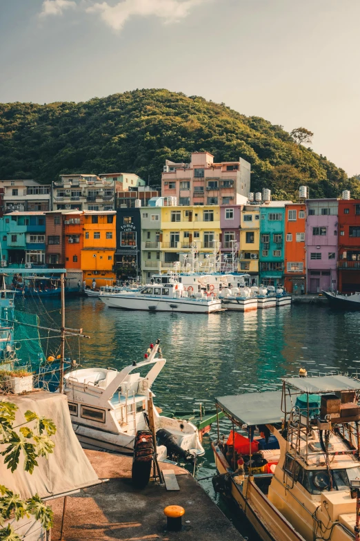 several boats docked at a small marina next to some buildings