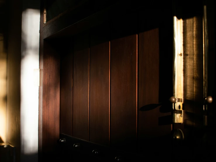 an open doorway with wooden panels in the sunlight